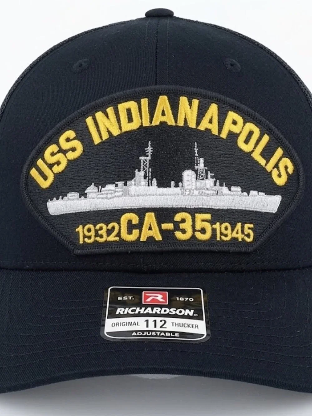 Retro USS Indianapolis CA-35 Navy Patch Hat Richardson 112 Black Trucker New WW2